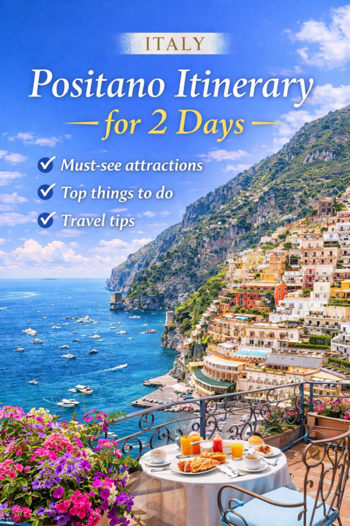 Colorful cliffside houses and Spiaggia Grande beach in Positano, Italy - perfect for a 2-day itinerary